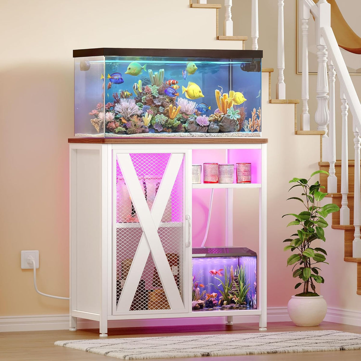 YITAHOME Fish Tank Stand with Power Outlets & LED Light, 20-29 Gallon Metal Aquarium Stand with Cabinet for Fish Tank Accessories Storage for Turtle, Reptile Terrarium, 350LBS Capacity, White