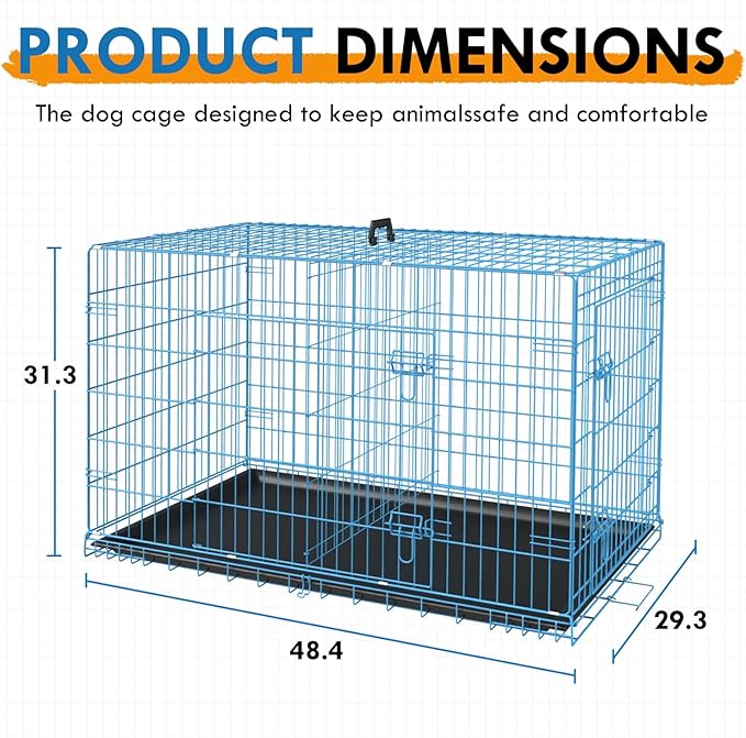 PayLessHere Large Dog Crate Kennel for Medium Large Dogs Metal Dog Cage Double-Door Folding Travel Indoor Outdoor Puppy Playpen with Divider and Handle Plastic Tray (48 Inch, Blue)