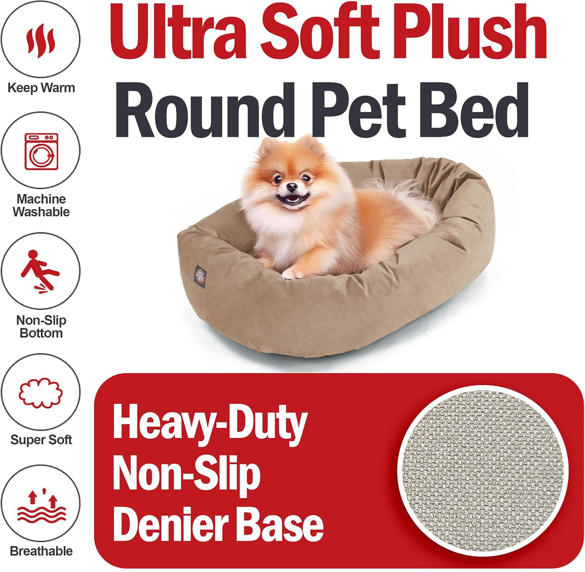 Majestic Pet 24 Inch Suede Calming Dog Bed Washable 24x19x7 (Inch) – Cozy Soft Round Donut Dog Bed with Spine Support for Dogs to Rest Their Head - Pet Bed Small – Stone (2025)