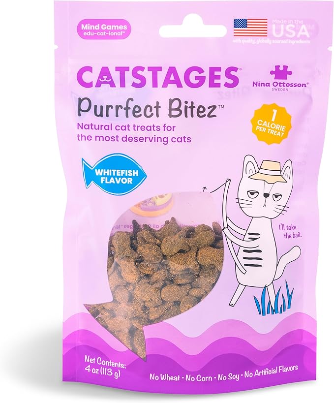 Catstages by Nina Ottosson Purrfect Bitez Natural Crunchy Cat Treats for Puzzles, Toys, Feeders, & Training, USA-Made, Real Whitefish Flavor, 4oz