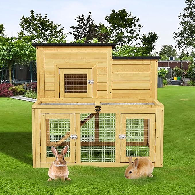 Large Wooden Bunny Rabbit Hutch Indoor Outdoor,Medium Elevated Chicken Coop for 2-4 Chickens,Poultry Pet Run Cage with Non-Slip Ramp & Removable Tray for Small-Medium Animals (Natural Wood)