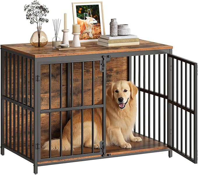 HOOBRO 38.6" Dog Crate Furniture, Wooden Dog Kennel Indoor, Heavy Duty Dog Cage for Small/Medium Dog, Decorative Side End Table, Rustic Brown and Black BF100GW03