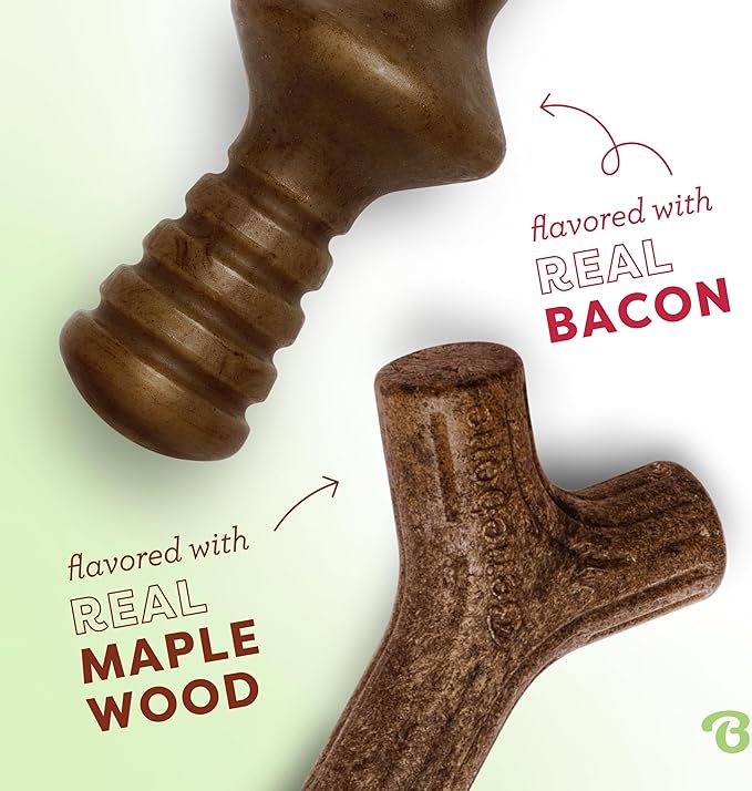 Benebone 2-Pack Maplestick/Zaggler Durable Dog Chew Toys, Real Bacon, Real Maplewood, Made in USA, Tiny, Extra Small, Brown