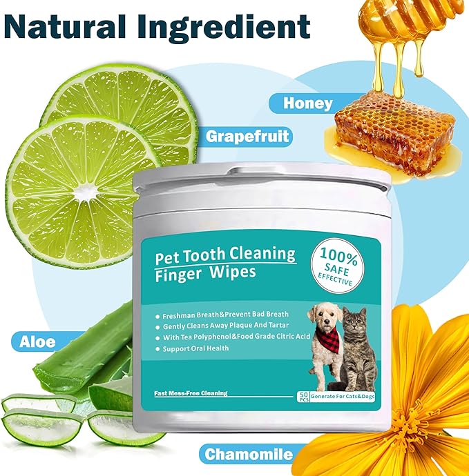 Teeth Cleaning Wipes for Pets 50Pcs ，Dog & Cat Teeth Cleaning Wipes，Pet Teeth Cleaning Finger Mitt Dental Wipe，Pet Teeth Cleaning Finger Wipes，Natural Formula Finger Grooming Wipe for Pets