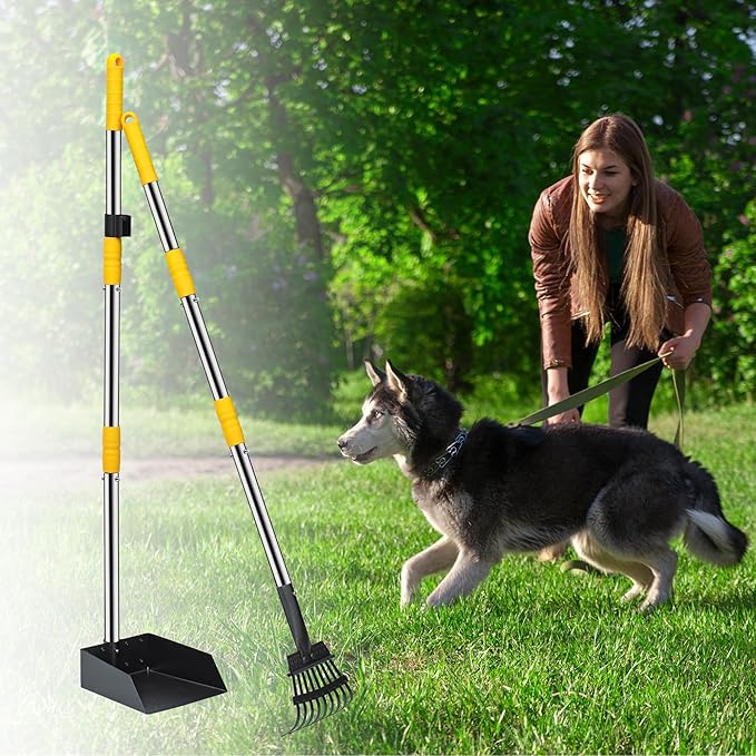 Niubya Pooper Scooper for Dogs, Metal Poop Scooper Tray and Rake Set with Adjustable Long Handle, Dog Pooper Scooper for Pet Waste Removal