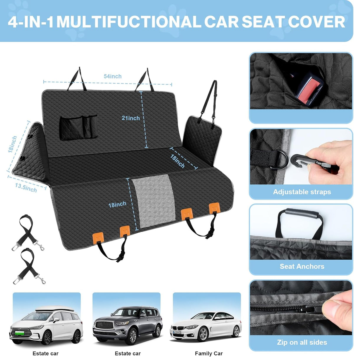 Dog Car Seat Cover for Back Seat, Waterproof Protector with Side Flaps, Scratchproof Hammock, Non-Slip Bottom for Cars/Trucks/SUVs (Black+Grey)