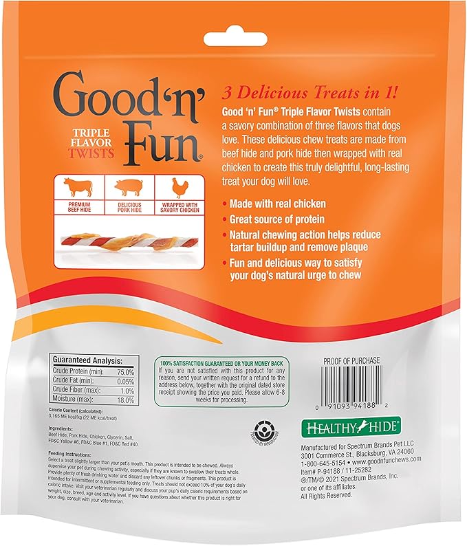 Good ‘n’ Fun Triple Flavor Twists for All Dogs, 70 Count, Treat Your Dog to Long-Lasting Chews Made with Beef Hide, Pork Hide and Chicken