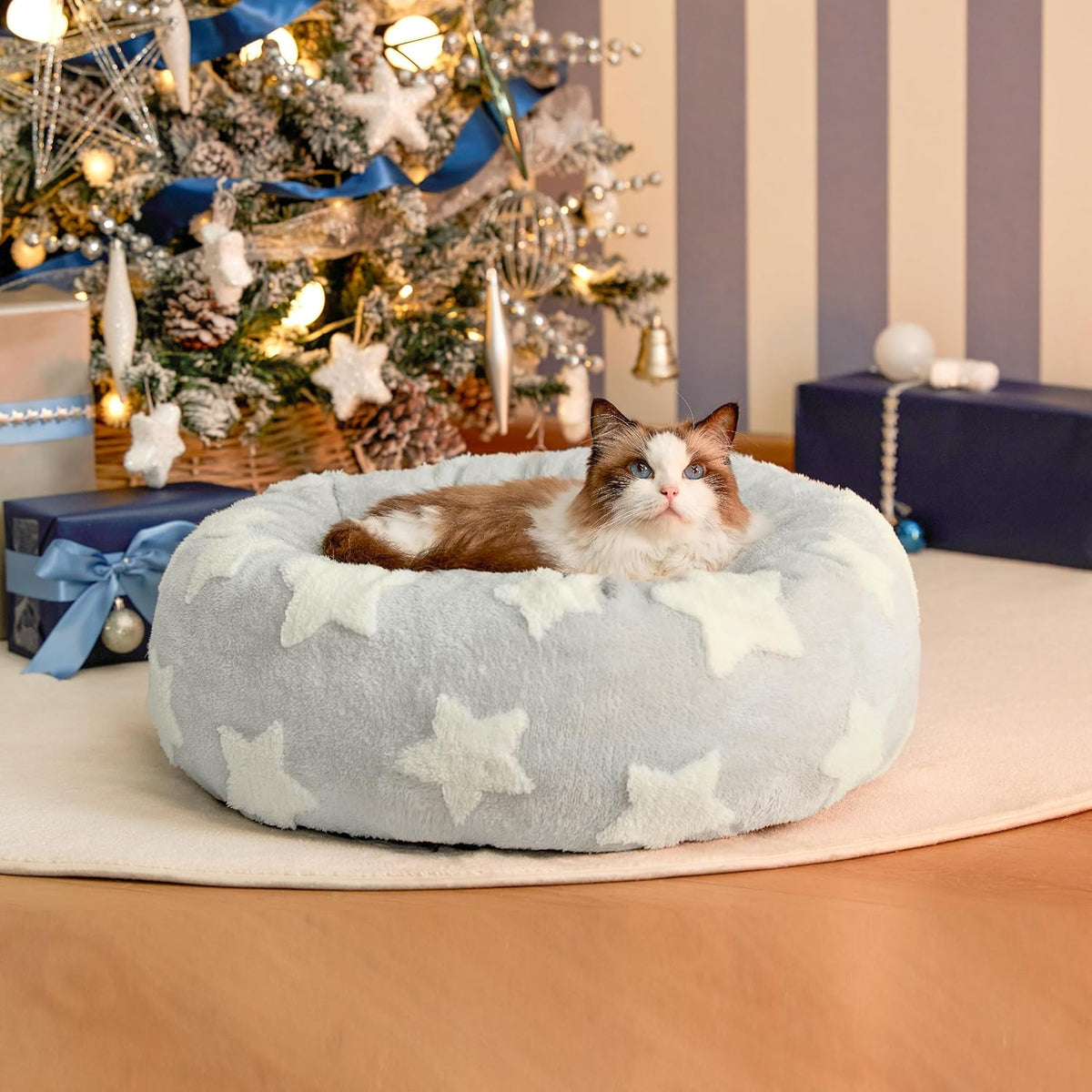 LE SURE Donut Small Dog Bed - Round Cat Beds for Indoor Cats Anti-Anxiety Calming Pet Beds, Washable Cute Modern Beds with Teddy Sherpa Plush & Anti Slip Bottom, 20 Inch, Galaxy Grey