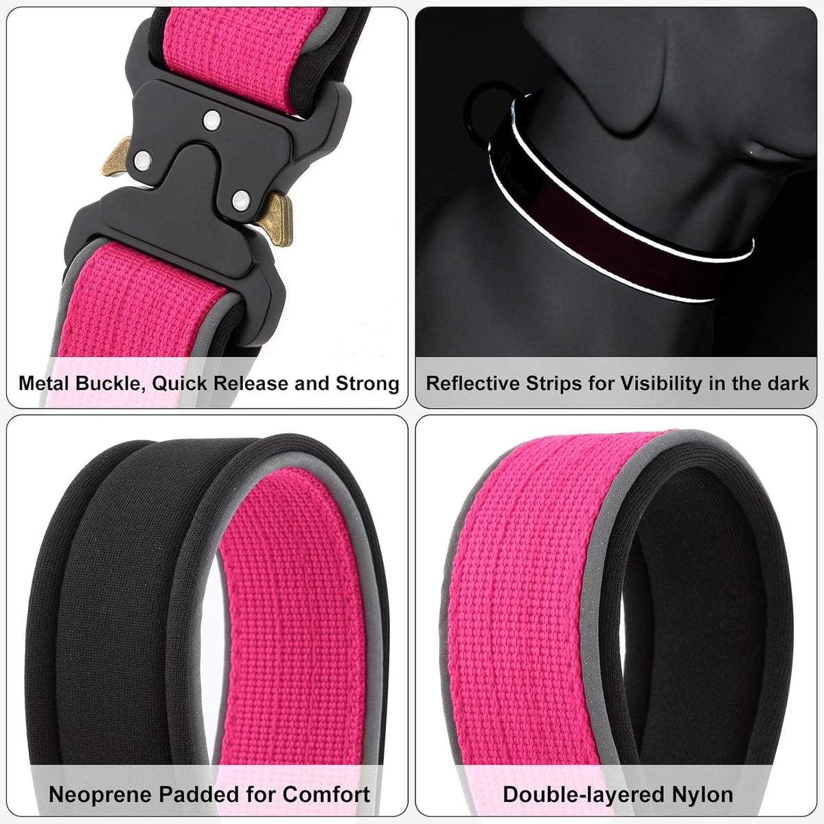 Plutus Pet Tactical Dog Collar, Reflective, Adjustable Heavy Duty Dog Collar, Soft Padded and Comfortable, for Small Medium and Large Dogs (Hot Pink, L)