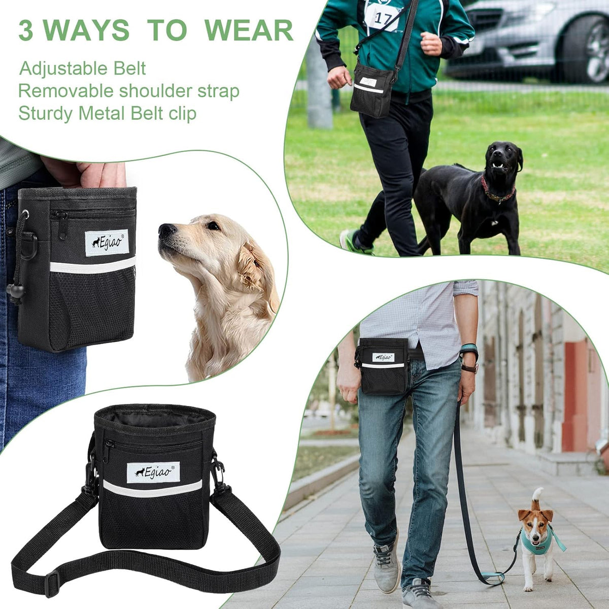 Dog Treat Pouch with Drawstring Closure, Puppy Training Bag, Built-in Pet Poop Bag Dispenser, Waist Belt Clip, 3 Ways to Wear