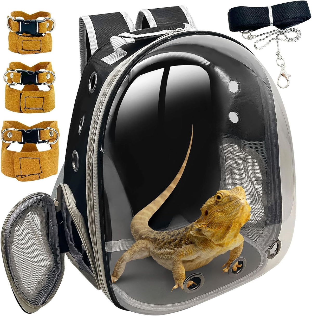 PINVNBY Bearded Dragon Carrier Backpack with Harness and Leash Set Large Reptile Travel Carrier Portable Lizard Backpack Clear Bubble Window Small Animal Carrying Bag for Gecko Kitten Rabbit (Black)