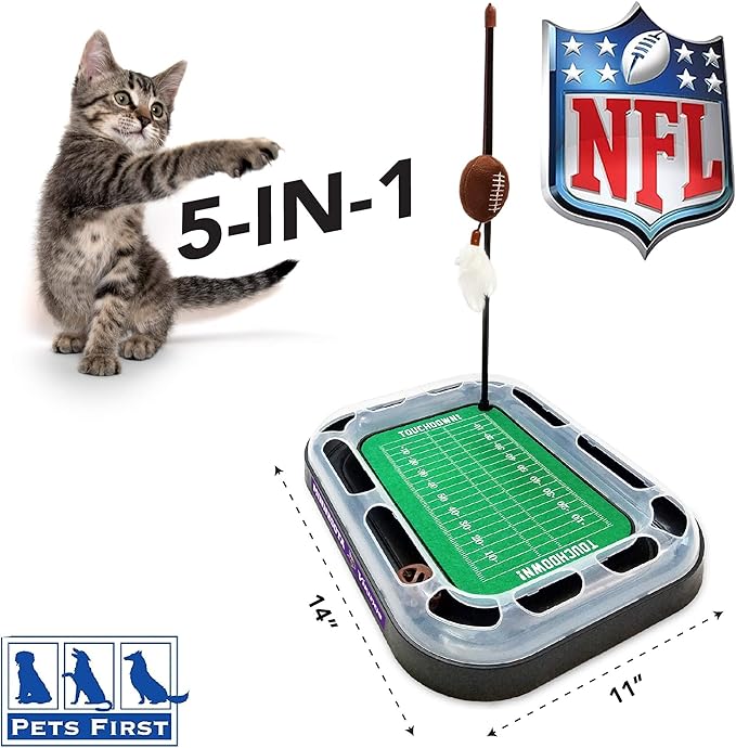 NFL Minnesota Vikings Football Field Cat Scratcher With Catnip Filled Plush Football & Feather Toy Hanging, Jingle Bell Interactive Ball Chasing 5-in-1 Kitty Toy