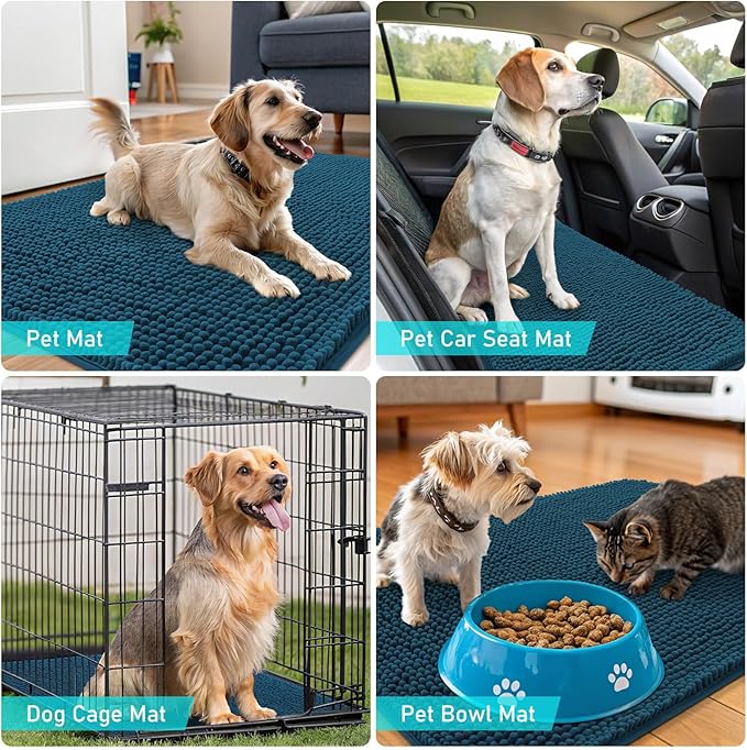 OLANLY Dog Door Mat for Muddy Paws 30x17, Absorbs Moisture and Dirt, Absorbent Non-Slip Washable Doormat, Quick Dry Chenille Mud Mat, Entry Indoor Entryway Carpet for Inside Floor, Atlantic Blue