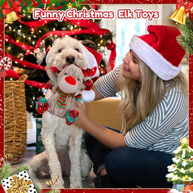Christmas Dog Toys, Funny Squeaky Reindeer Toy with Crinkle Paper Attract Pets, Interactive Plush Chew Toys, Adorable Christmas Elk Dog Gifts for Small Medium Large Dogs