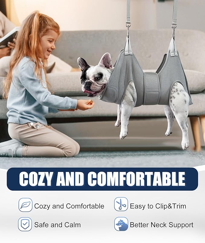 Dog Grooming Hammock Hanging Harness for Nail Trimming,X-Large Dog Grooming Sling with Thick Neck Support,Gray Dog Hanger Holder Restraint for Pet Grooming