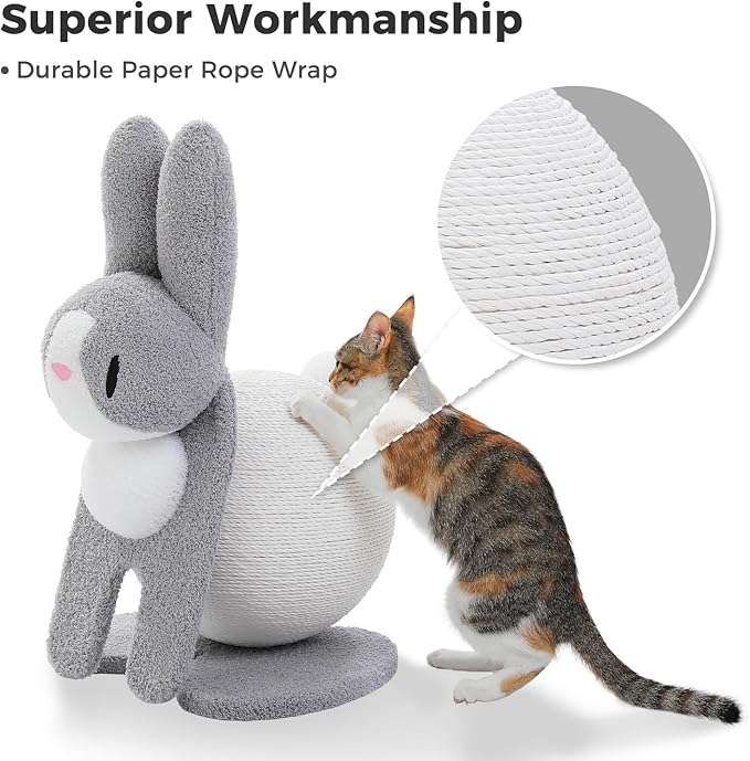 Cute Cat Scratcher- Bunny Style, Cat Scratching Post with Paper Rope, Extra Large Cat Scratch Ball (Ø11.8) for Indoor Kitten, Rabbit Scratch Ball for Kitty to Climb & Play, Gray