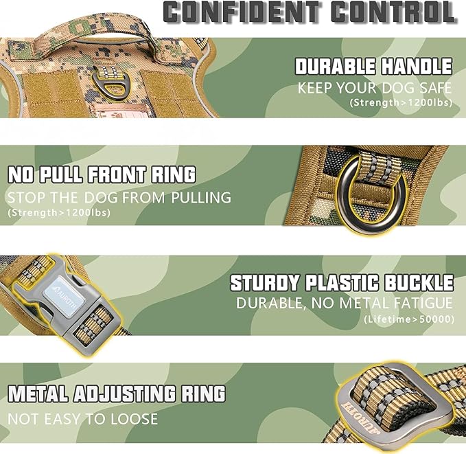 AUROTH Tactical Dog Harness for Small Medium Dogs No Pull Adjustable Pet Harness Reflective K9 Working Training Easy Control Pet Vest Military Service Dog Harnesses Woodland Camo S