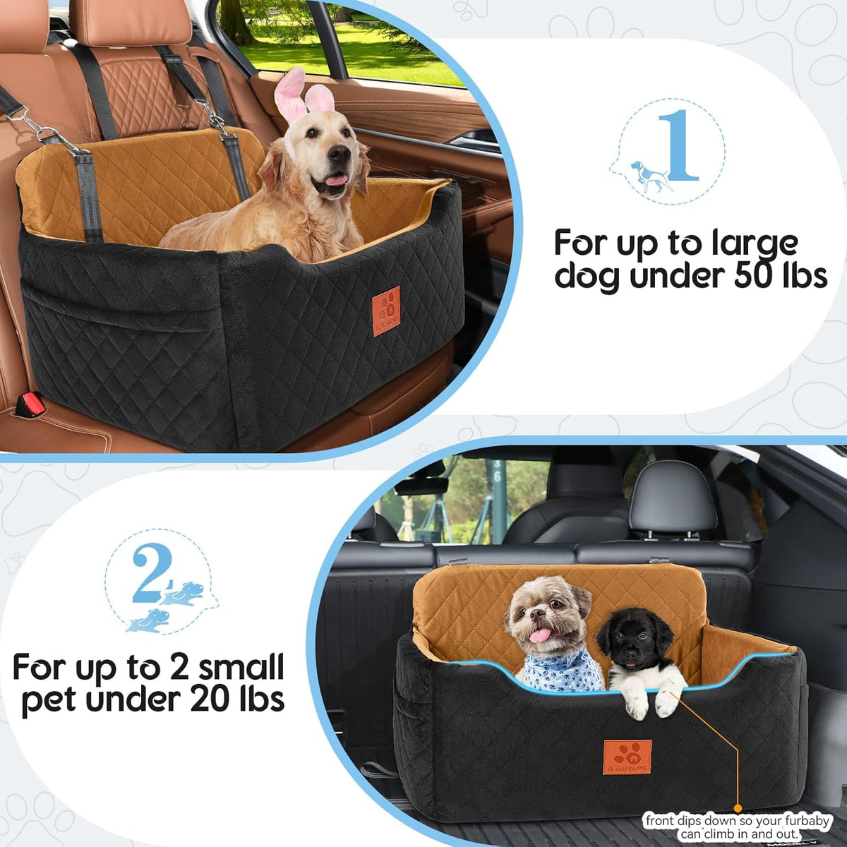Dog Car Seat for Medium/Large Dogs,Dog Booster Seat for Dog Under 50lbs or 2 Small Dogs, Detachable and Washable Pet Car Seat,Multi-Functional Travel Dog Bed & Dog Sofa(Black/Brown)