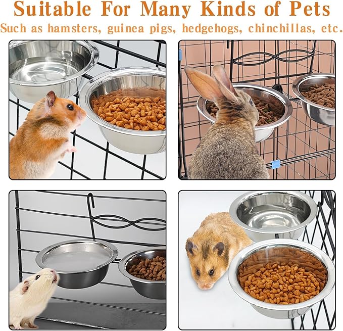 kathson Hanging Bird Bowls for Cage, 2 PCS Stainless Steel Metal Pet Food Water Dishes with Holder Feeder Cage Coop Hook Feeder Cups for Birds, Parrots, Small Sized Dogs and Cats (4.3 Inch Dia)