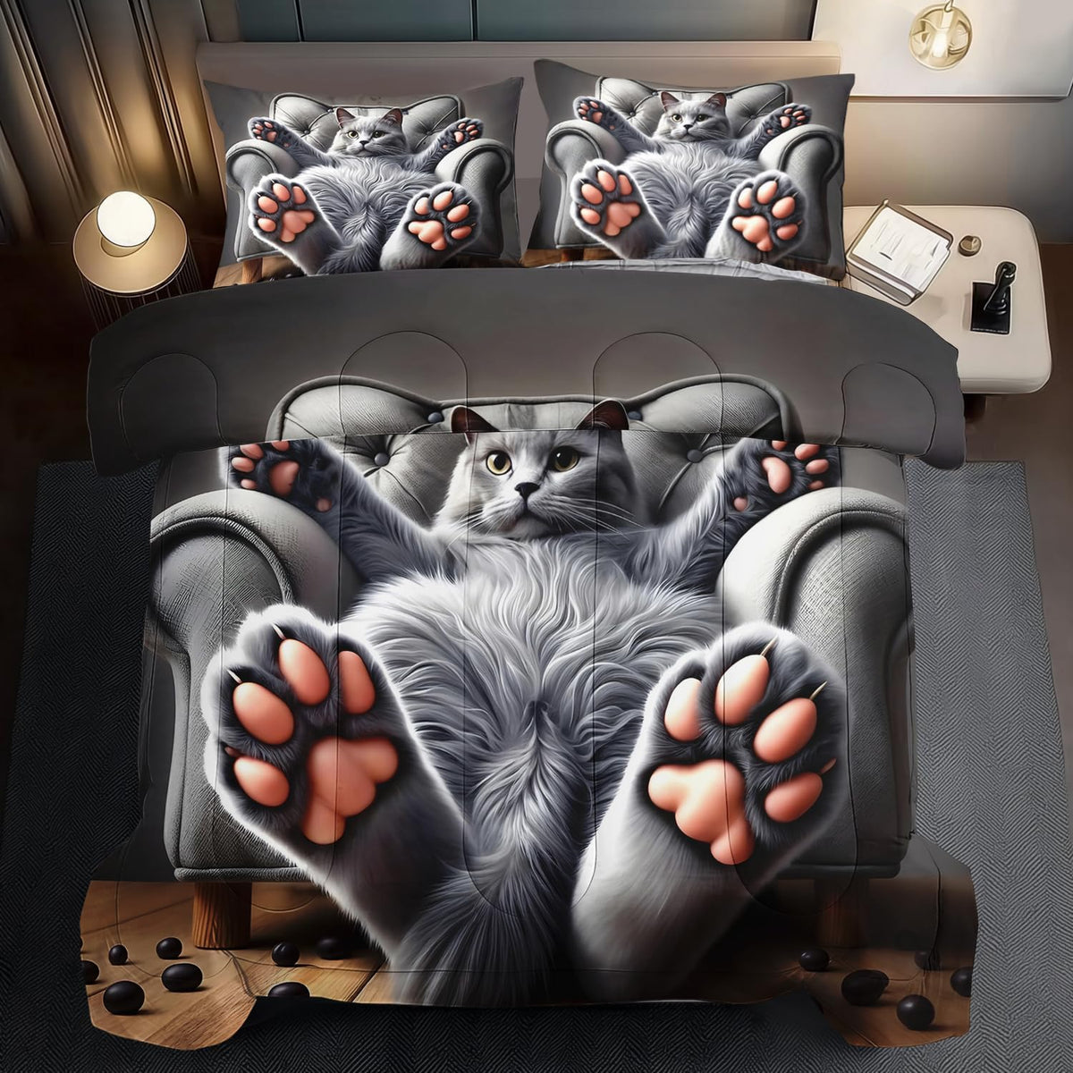 Cute Cat Comforter Set Twin,Grey Kawaii Cat Bedding Set Adult,Cute Animal Comforter for Boy,American Shorthair Bedding Grey,Kawaii Animal Print Quilt Bedroom Decor Kids