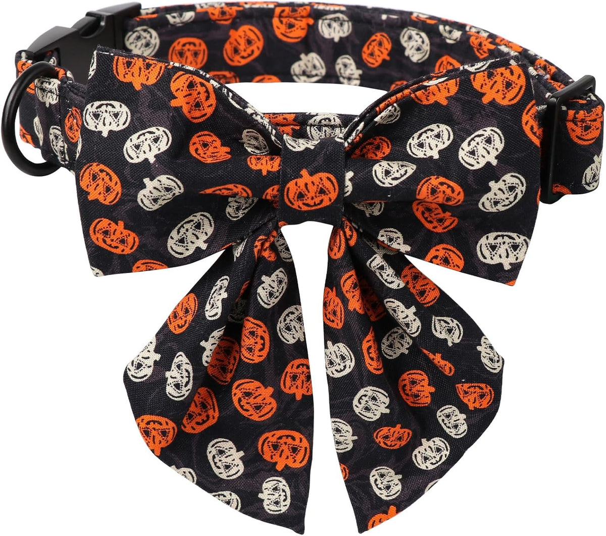Lionet Paws Halloween Dog Collar with Bowtie - Cute Cotton Adjustable Black Bowtie Dog Collar with Metal Buckle for Small Medium Large Dog Girl Boy Gift, XS, Neck 8-12in