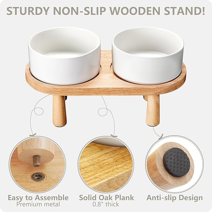 Ceramic Elevated Dog Bowls, Pet Food and Water Bowl Set for Small Dogs and Cats, 1.7 Cups Elevated Cat Bowls with Wood Stand, 14OZ, White
