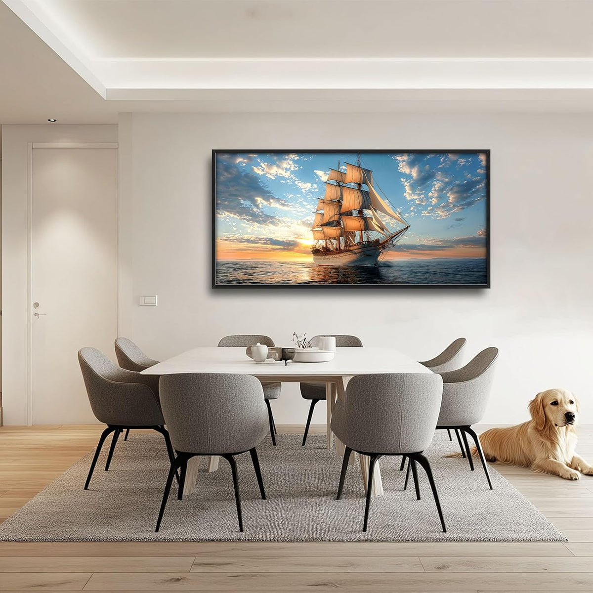 Nautical Ship Large Wall Art Sea Sailing Ship Pictures Sunrise Seascape Wall Decor Nature Landscape Canvas Print Painting Artwork for Bathroom Living Room Bedroom 60L" x 30W"