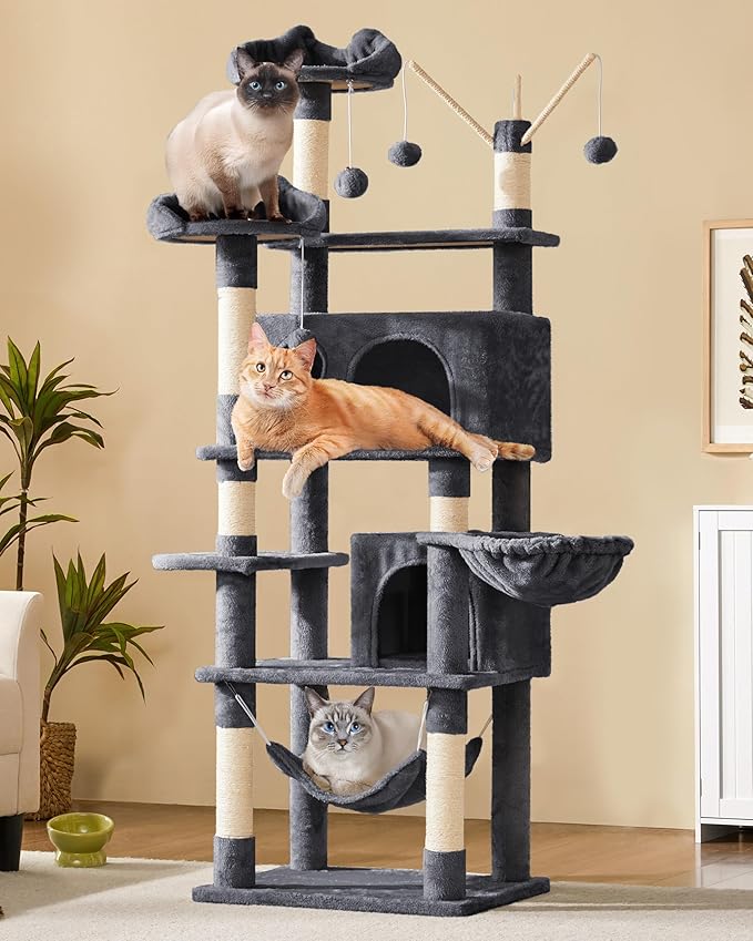 Yaheetech Cat Tree, 67in Large Tower w/ 3 Removable Teaser Sticks, 2 Kitten-Ear Shaped Perches, 2 Condos, Hammock, Scratching Post, Multi Level Pet House, Dark Gray