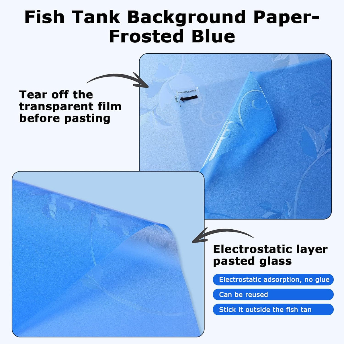 Aquarium Background Paper, Blue Fish Tank Backdrop Wallpaper Electrostatic Adhesive, No Glue, Easy to Install, Reusable (17.7" H × 47.2" L, Translucent)