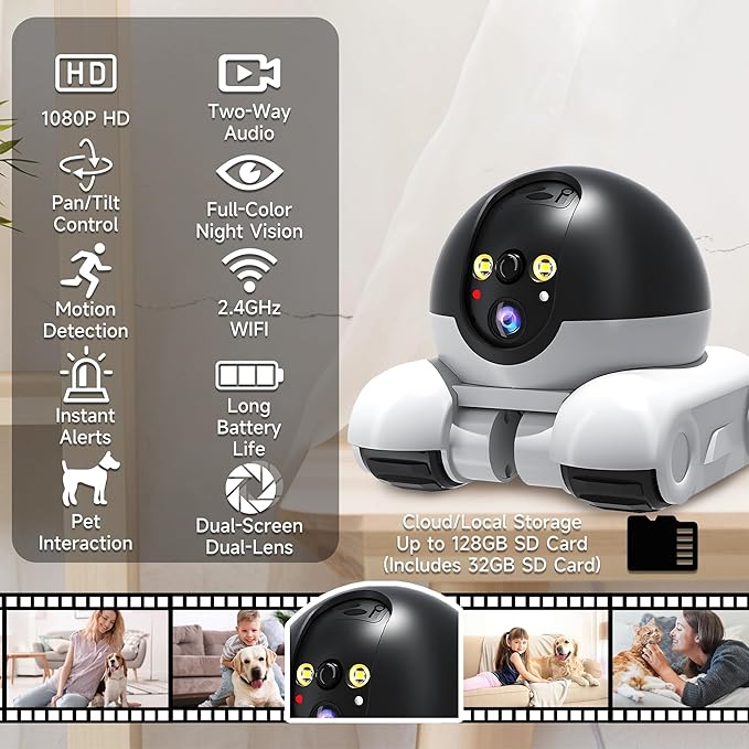 Pet Camera, 1080p Security Camera for Home, Movable Robot Pet Cam Indoor with Phone App, Wireless Dog/Cat/Baby Monitor WiFi Version+32G SD Card, 2-Way Talk, Night Vision, Motion Detection