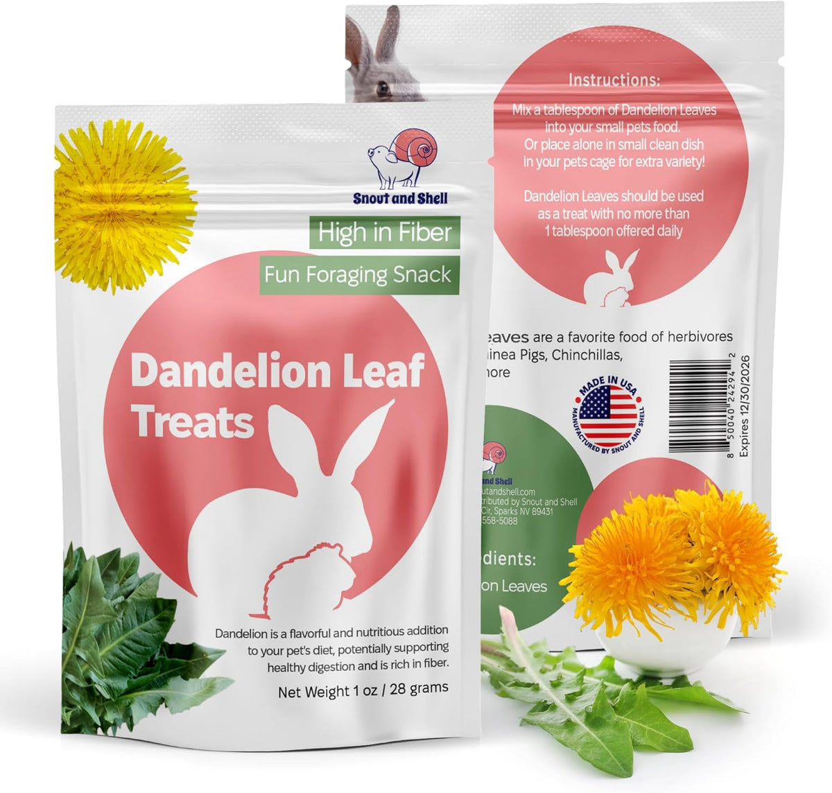 Snout and Shell Dandelion Leaf Treat for Small Pets – 1 oz (28g) | High-Fiber, Natural Foraging Snack for Rabbits, Guinea Pigs, Chinchillas, Squirrels & More