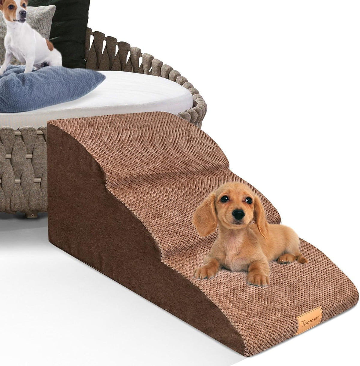 Topmart High Density Extended Foam Dog Ramp&Steps 3 Tiers,15.7" High,Non-Slip Dog Stairs with Waterproof Cover,Soft Foam Pet Ladder,Best for Injured,Older Cats,Pets with Joint Pain
