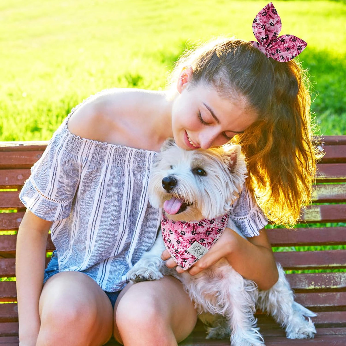 E-Clover Purple Dog Bandana & Matching Scrunchie Dog Paw Prints Pet Dog Scarf Cute Dog Costumes Accessories for Small Medium Large Dogs Lavender