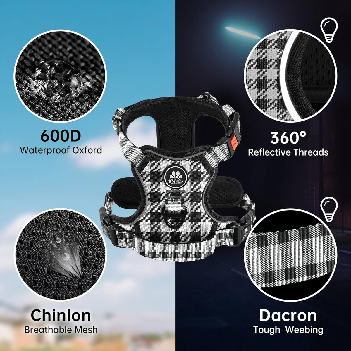 NESTROAD No Pull Dog Harness with Leash, Reflective No Choke Pet Vest Harness,Adjustable Soft Padded Dog Harness with Easy Control Handle for Medium Dogs(Checkered Black,Medium)