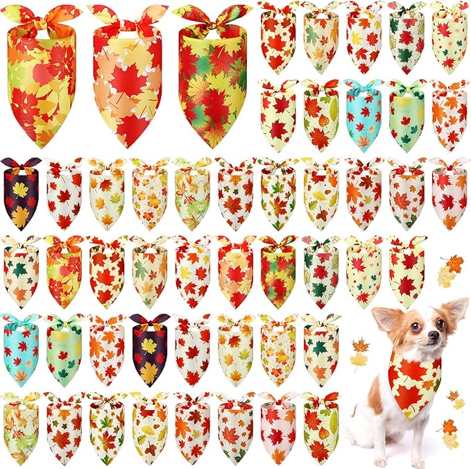 Abbylike 50 Pcs Fall Dog Bandana Bulk Maple Leaves Bandana for Dogs Triangle Kerchief Bibs Scarf for Small Medium Large Pet Autumn Thanksgiving Costume Accessories, 25 Styles (25.6 x 17.7 x 17.7 Inch)