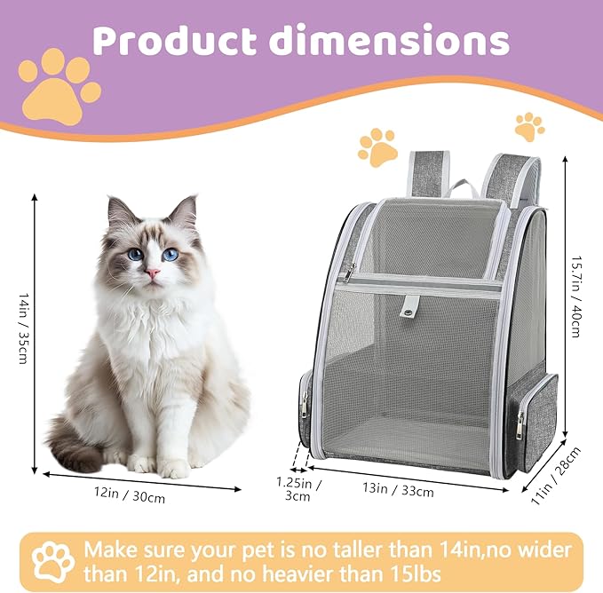 Cat Backpack Carrier Large Pet Backpack for Small Dog Medium Cat Puppy Kitten Bunny up to 15lbs, Ventilated Mesh Dog Collapsible Travel Backpack for Hiking Walking Outdoor