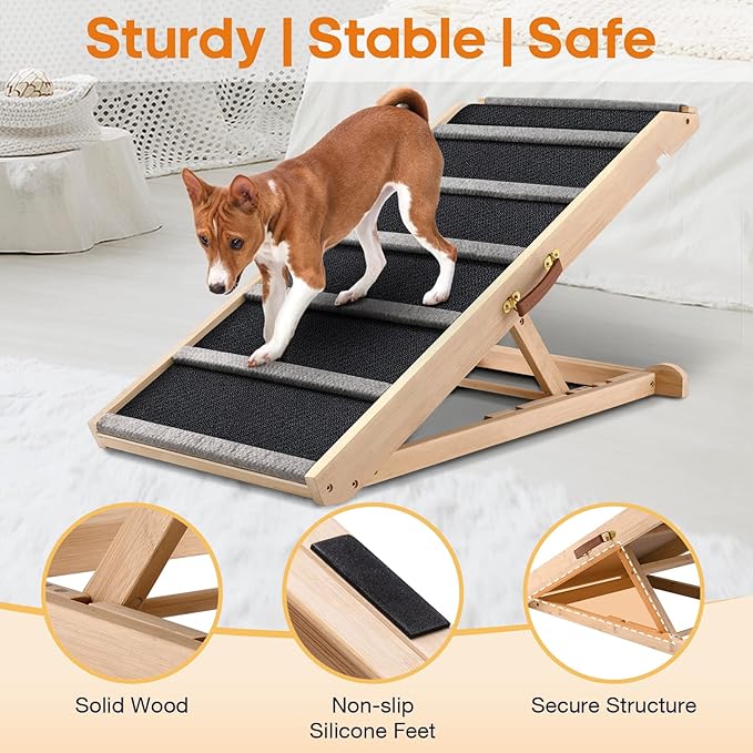 Dog Ramp for Bed - Extra Wide - Excellent Traction, Pet Ramp for Small Large Dogs to Get on Couch Car, Non-Slip Rubber Surface, 17’’W, Hold up to 200lb, Adjustable, Foldable (200LBS)