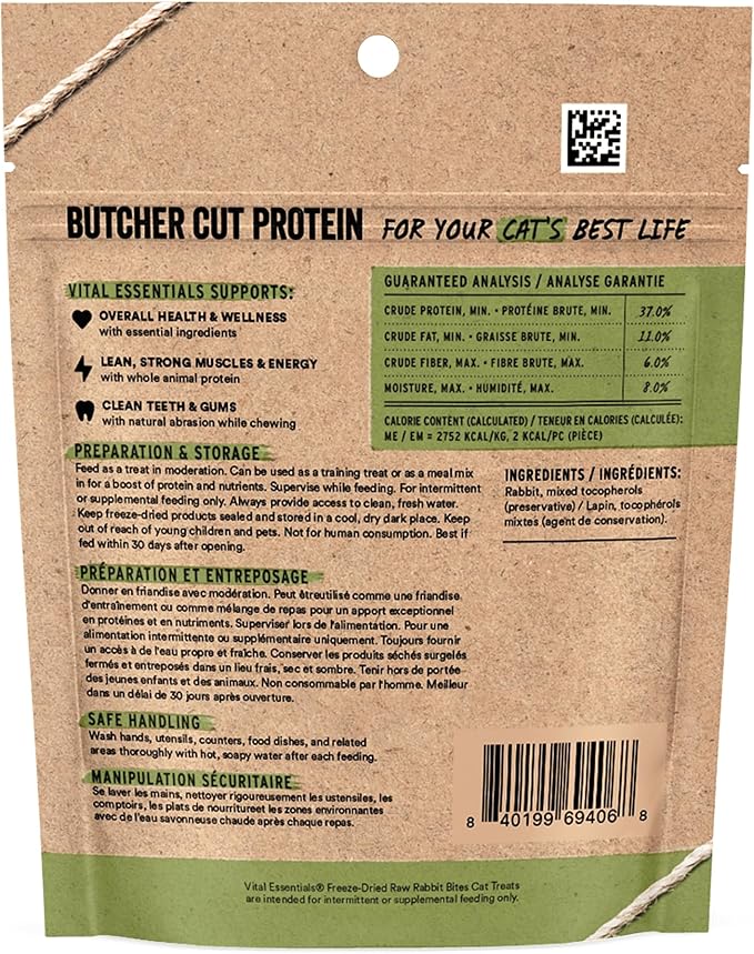 Vital Essentials Rabbit Bites Cat Treats, 0.9 oz | Freeze-Dried Raw | Single Protein | Grain Free, Gluten Free, Filler Free