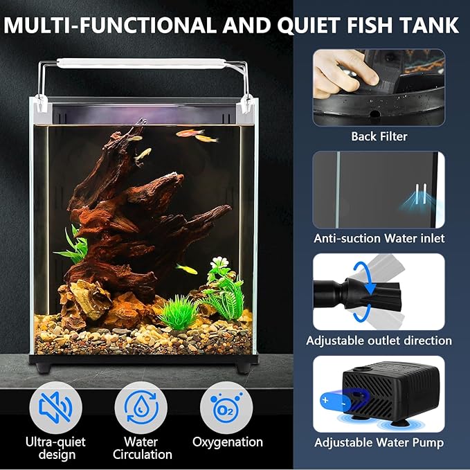 fishkeeper 6.5 Gallon Fish Tank Starter Kit, Small Aquarium with Filter and Adjustable 3 Color Lighting Self Cleaning Fish Bowl Rimless Aquarium for Beginners (Freshwater Fish Tank)