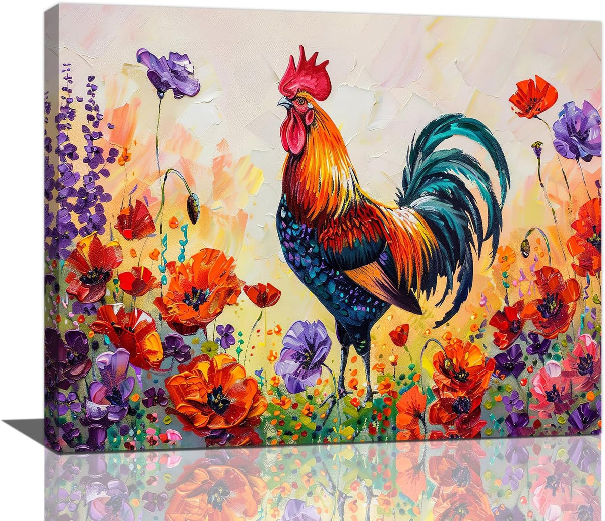 Rooster Wall Art Flower Poppy Canvas Living Room Pictures Framed Prints Colorful Floral Large Wall Decor Animal Painting Artwork for Bedroom Dining Home 20"x16"