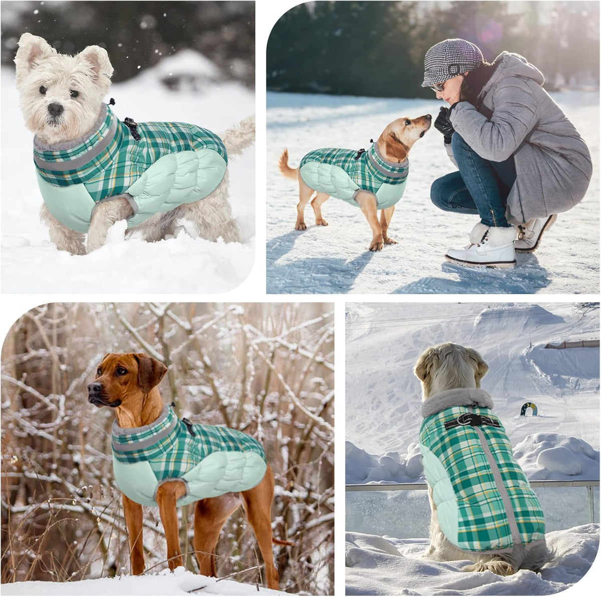 FUAMEY Dog Coat for Small Dogs,Waterproof Dog Winter Jacket with Harness Built in Puppy Cold Weather Coats Reflective Pet Vest with Zipper Warm Fleece Dogs Snowsuit Windproof Green Plaid XS