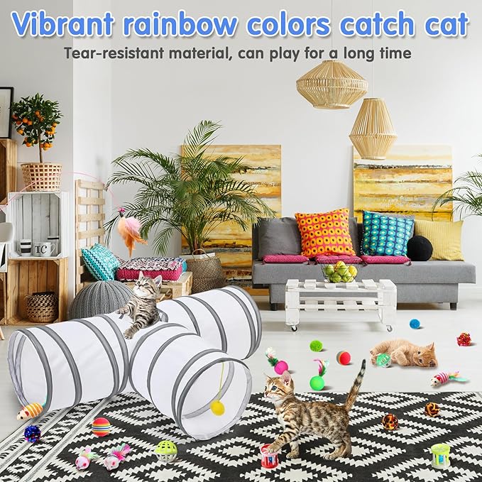 Wettarn 22 Pieces Cat Toys Set, with 2 Collapsible Tunnels for Indoor Cats and 20 Kitten Toys Tubes and Tunnels Interactive Feather Mouse Crinkle Balls for Pets Puppies(White)