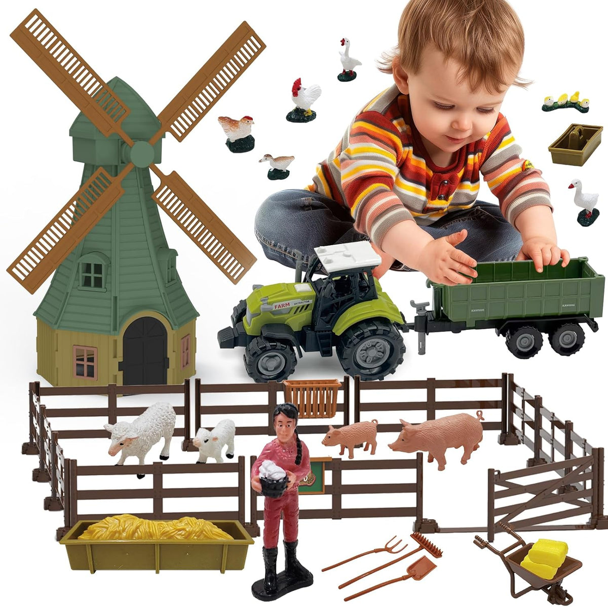 82PCS Farm Animals Toys Set Comes with Tractor Trailer, Windmill, Farmer, Fence - Playset for Kids Toddlers Boys Girls 5+ Years Old