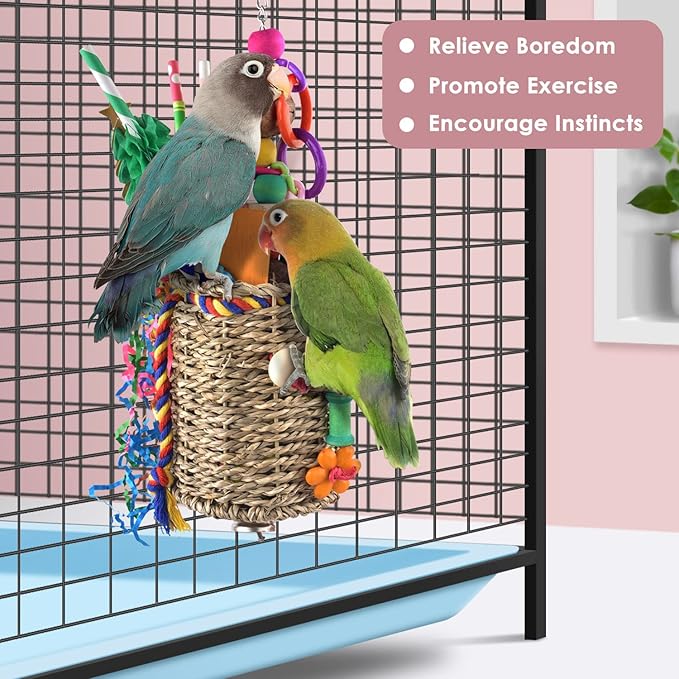 KATUMO Bird Toys, Parrot Grass Basket and Shredding Foraging for Parakeets, Cockatiels, Conures, Small and Medium Bird Cage Accessories