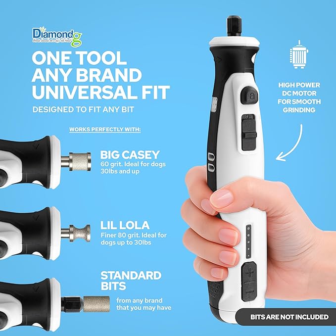 Diamondg Cordless Dog Nail Grinder with Quiet Sound & LED Tip for Large & Small Dogs, 4hrs. Runtime, 2 Bits Included, White
