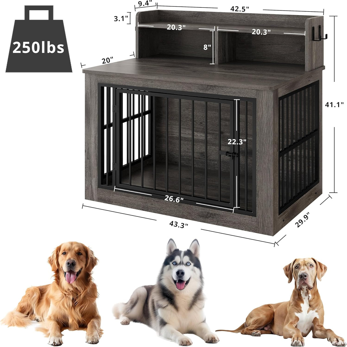 IRONCK Extra Large Dog Crate Furniture, 43.3 inches Wooden Dog Crate with Storage and 4 Hooks, Heavy Duty Pet Crate for Large Dog, Decorative Pet Cage for Indoor (30" L x 43.3" W x 41.1" H)