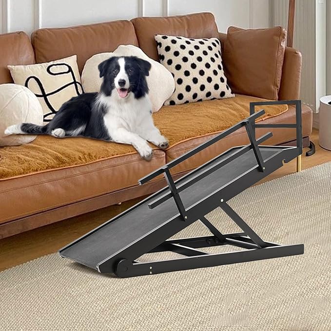 Dog Ramp for Bed, Adjustable Pet Ramps for Dog to Get on Bed, Non-Slip Rubber Surface - Folding Wooden Dog Ramp for Small/Large/Old Dogs, Adjustable up to 23.5 inch High Beds, Safety Railings