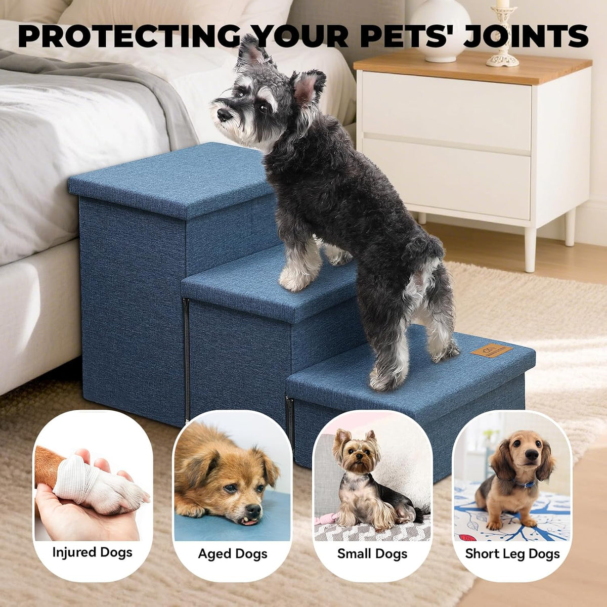Dog Stairs with Storage 18" H, 3-Step Wider Dog Steps for Small/Medium/Large Dogs Cats, Folding Sturdy Pet Stairs Climbing Bed or Sofa, Ramp for Car Hold Up to 200 lbs (Navy Blue, No Condo)