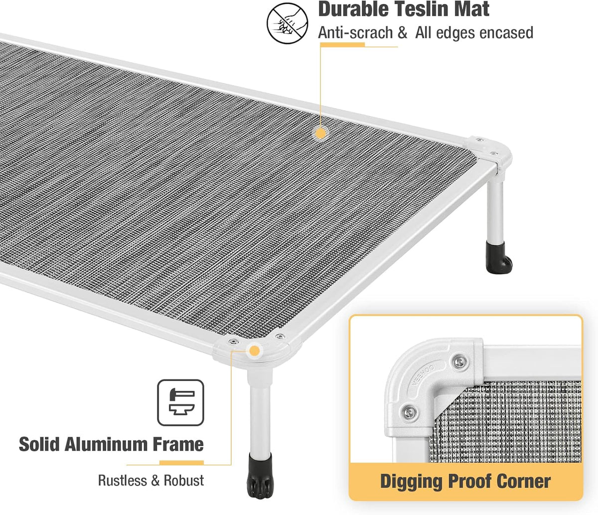 Veehoo Chew Proof Elevated Dog Bed - Cooling Raised Pet Cot - Silver Aluminum Frame and Durable Textilene Mesh Fabric, Unique Designed No-Slip Feet for Indoor or Outdoor Use, Black Silver, Medium