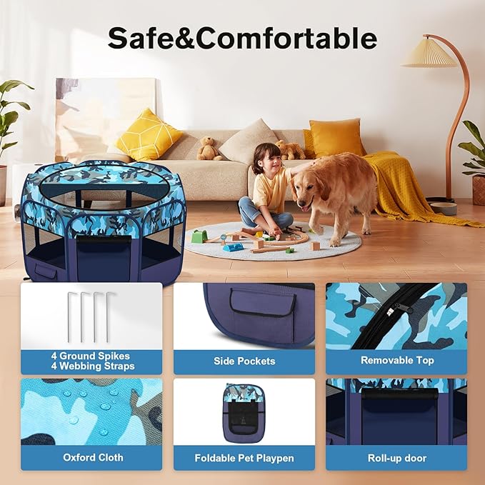 Dog Playpen, Pet Playpen, Portable Cat Playpen, Pop Up Foldable Puppy Playpen Exercise Kennel Tent with Carry Case Collapsible Bowl,Water-Resistant Shade Cover for Outdoor Indoor Travel (Large)